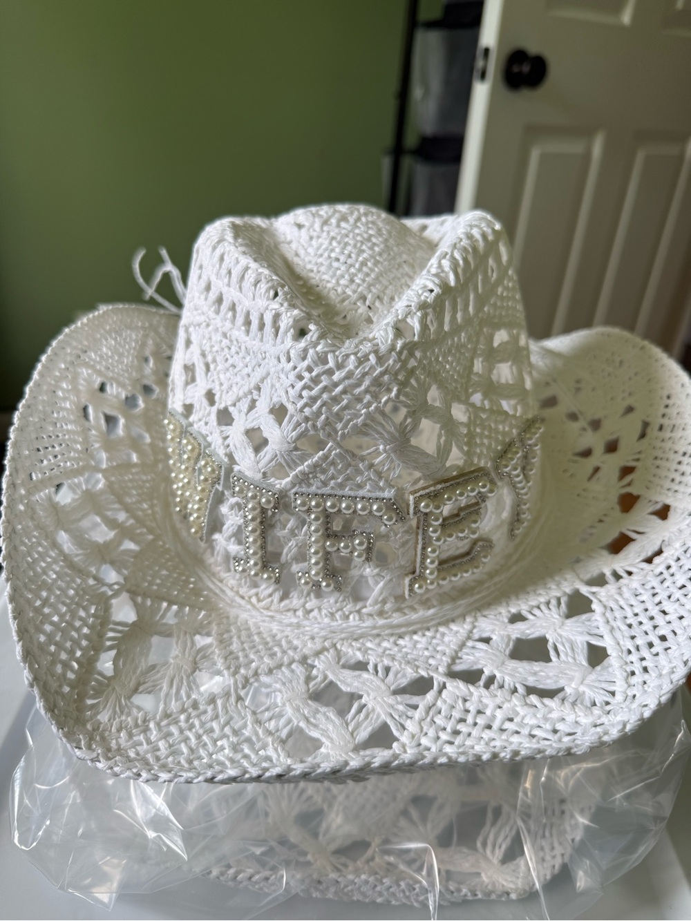 White Crocheted Cowboy Hat with Pearl Accent